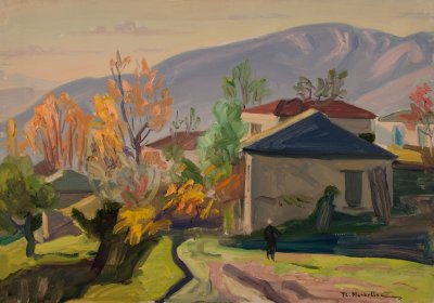 Portaria, Houses in Afternoon Light, Trees — Oil painting, Canvas, 46.00×65.00cm — Theodoros Markellos